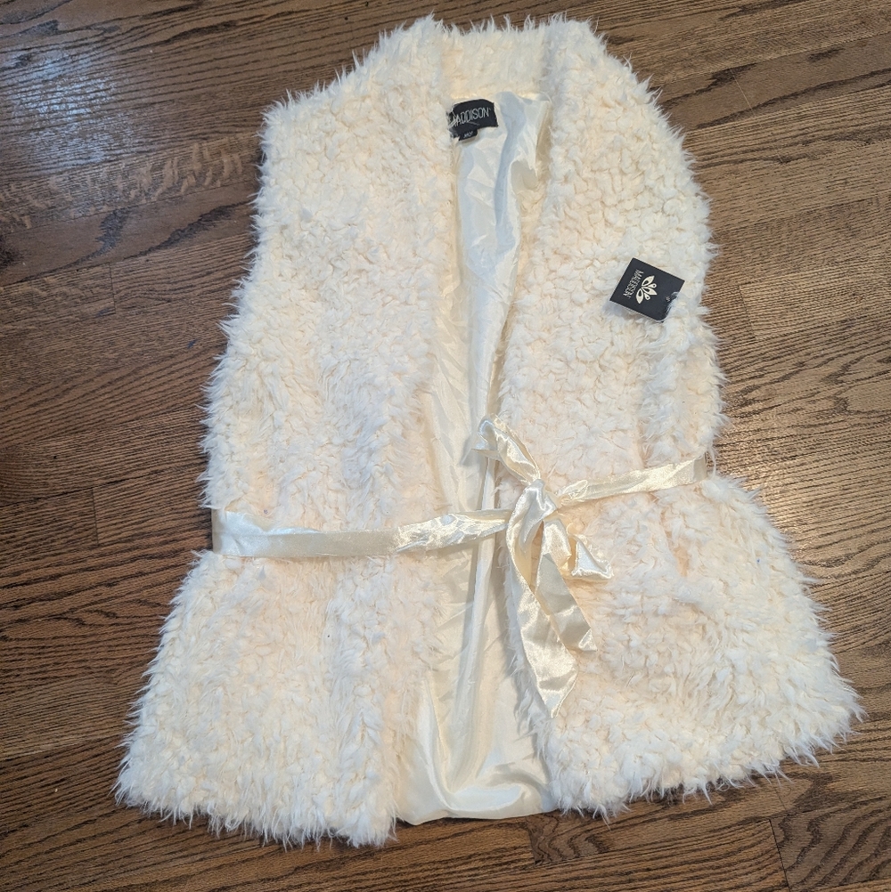 Madison Cream Faux Fur Vest with Satin Detail